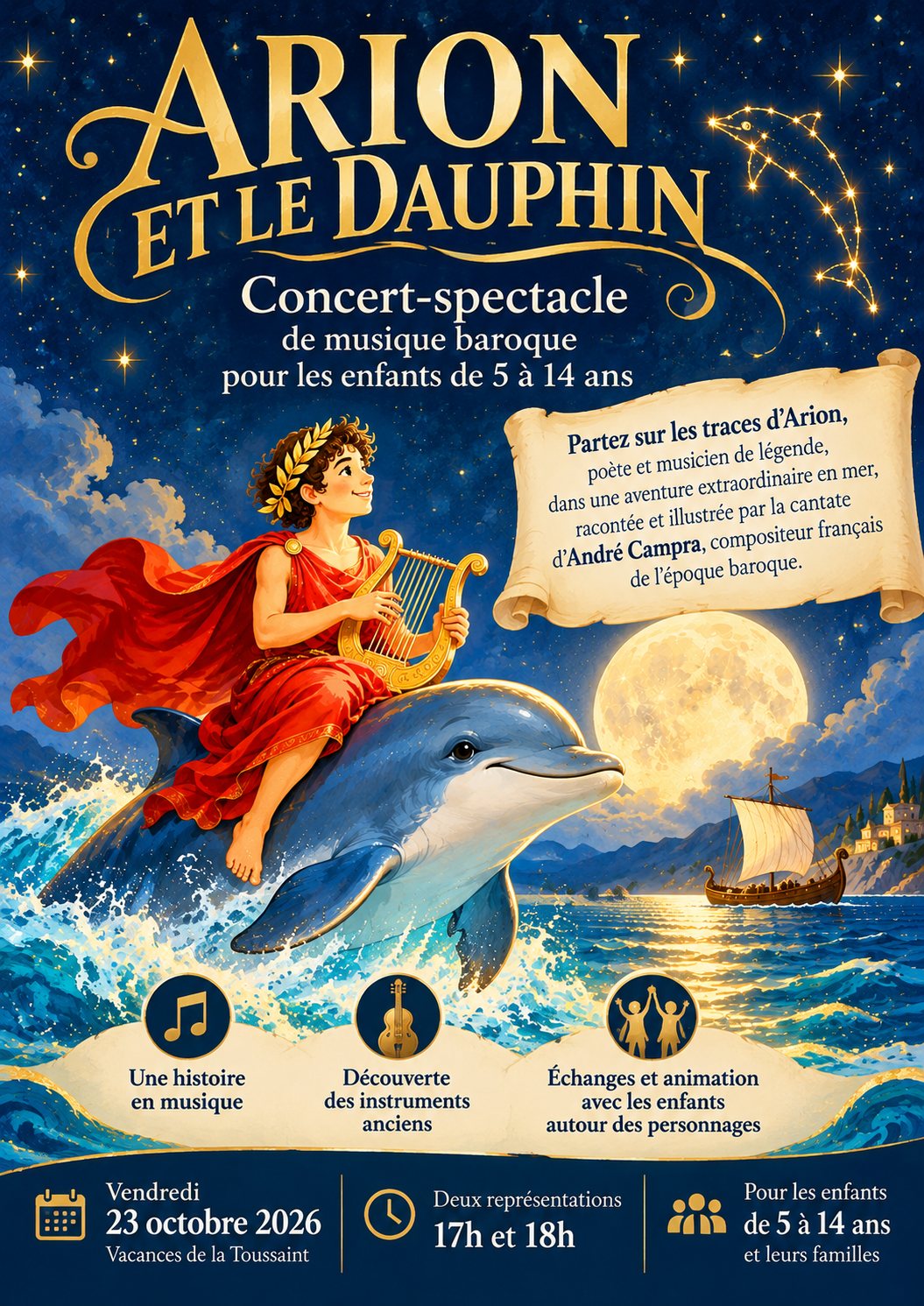 Affiche du concert Arion et le Dauphin avec Arion, un dauphin et une mer étoilée